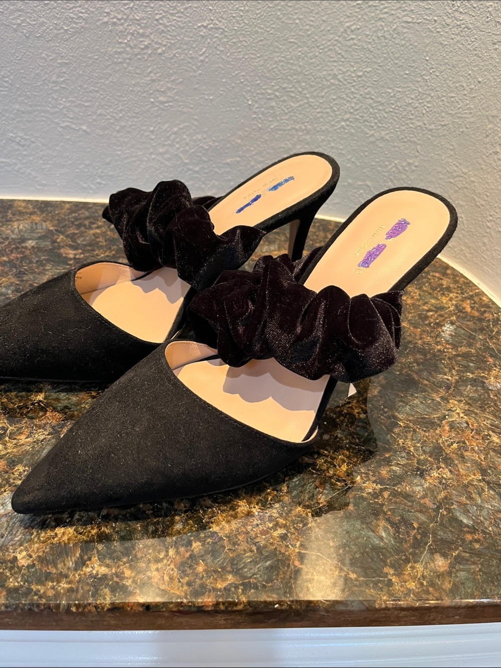 kate spade Black Velvet Scrunch Strap Pointed Mule Heels